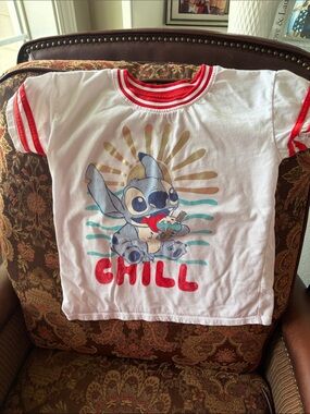 Cat & Jack White Tee with Red Trim and Stitch 'Chill' Graphic